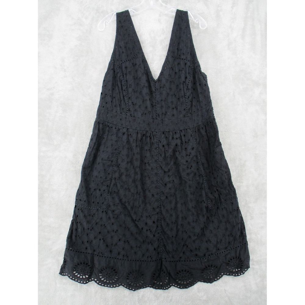 Monsoon Dress Women Size 18 Black‎ Eyelet Cotton Smocked Feminine Scalloped Hem